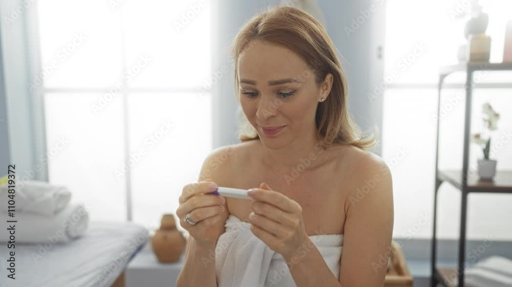 Woman smiling happily holding pregnancy test in spa room filled with soft light and serene atmosphere indicating positive result and excitement. Woman smiling happily holding pregnancy test in spa room filled with soft light and serene atmosphere indicating positive result and excitement.