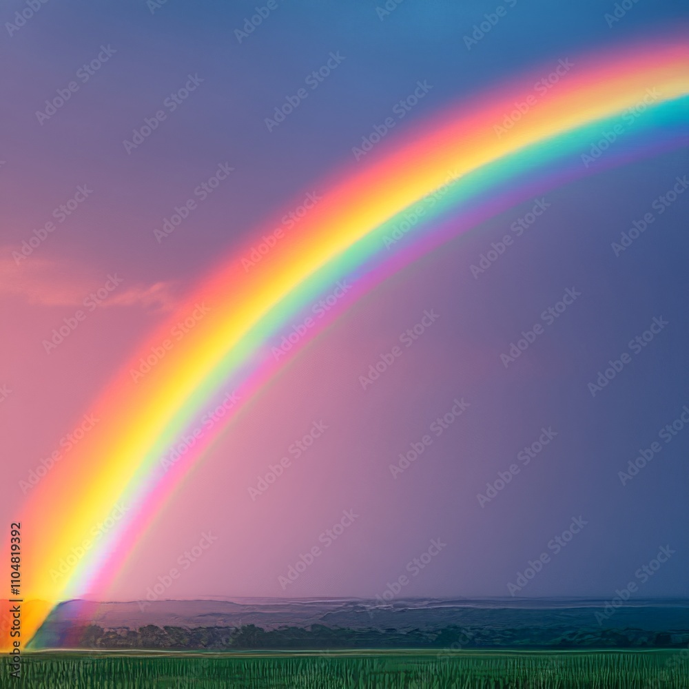 Vibrant rainbow arching over a tranquil landscape after a rain shower.