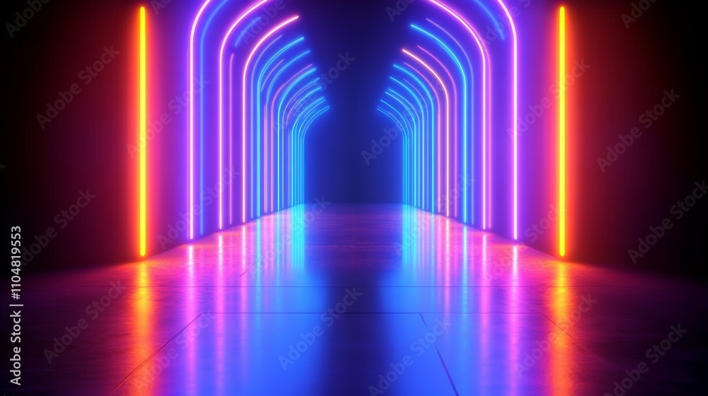 Futuristic Neon Lights Arch in Dark Abstract Geometric 3D Render Futuristic Neon Lights Arch in Dark Abstract Geometric 3D Render
