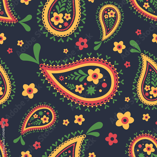 Seamless Paisley Floral Pattern in Red, Yellow, and Green