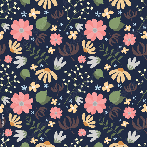 Seamless Floral Pattern – Colorful Wildflowers on Dark Background
