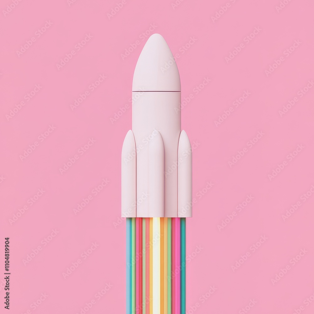 White rocket launching with rainbow trail against pink background. White rocket launching with rainbow trail against pink background.
