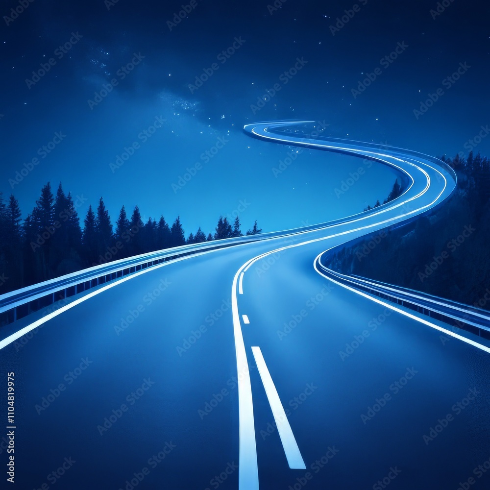 Winding road at night under a starry sky. Winding road at night under a starry sky.
