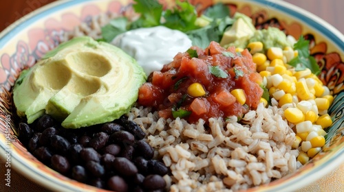 Wallpaper Mural Vibrant Vegan Burrito Bowl with Brown Rice, Black Beans, Corn, Avocado, and Fresh Salsa in Colorful Dish Torontodigital.ca