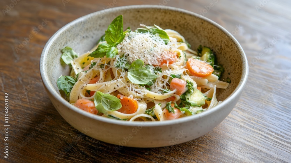 Delightful Plant-Based Pasta Primavera with Fresh Vegetables, Vegan Cheese, and Herbs in a Shallow Bowl Delightful Plant-Based Pasta Primavera with Fresh Vegetables, Vegan Cheese, and Herbs in a Shallow Bowl