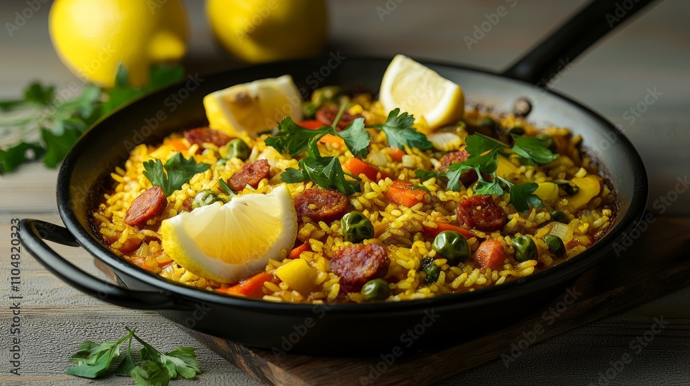 Vibrant Vegan Paella with Saffron Rice, Seasonal Vegetables, and Plant-Based Chorizo for Healthy Eating Enthusiasts Vibrant Vegan Paella with Saffron Rice, Seasonal Vegetables, and Plant-Based Chorizo for Healthy Eating Enthusiasts