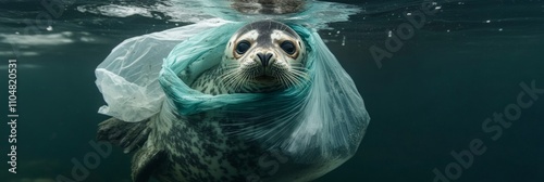 Distressed Seal Entangled in Plastic Bag - Seal trapped in plastic pollution, ocean debris, environmental crisis, wildlife endangerment, conservation. photo