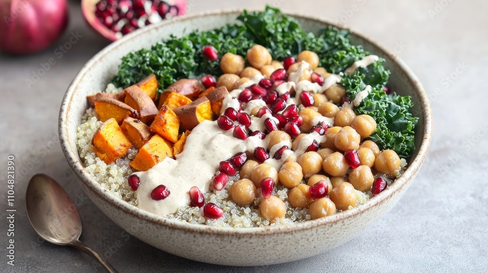 Colorful Plant-Based Quinoa Bowl with Roasted Chickpeas, Sweet Potatoes, and Kale, Garnished with Tahini Dressing and Pomegranate Seeds Colorful Plant-Based Quinoa Bowl with Roasted Chickpeas, Sweet Potatoes, and Kale, Garnished with Tahini Dressing and Pomegranate Seeds