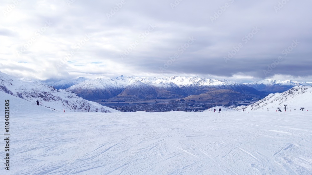 Obraz premium A snowy mountain landscape with skiers and a scenic view of the valley below.
