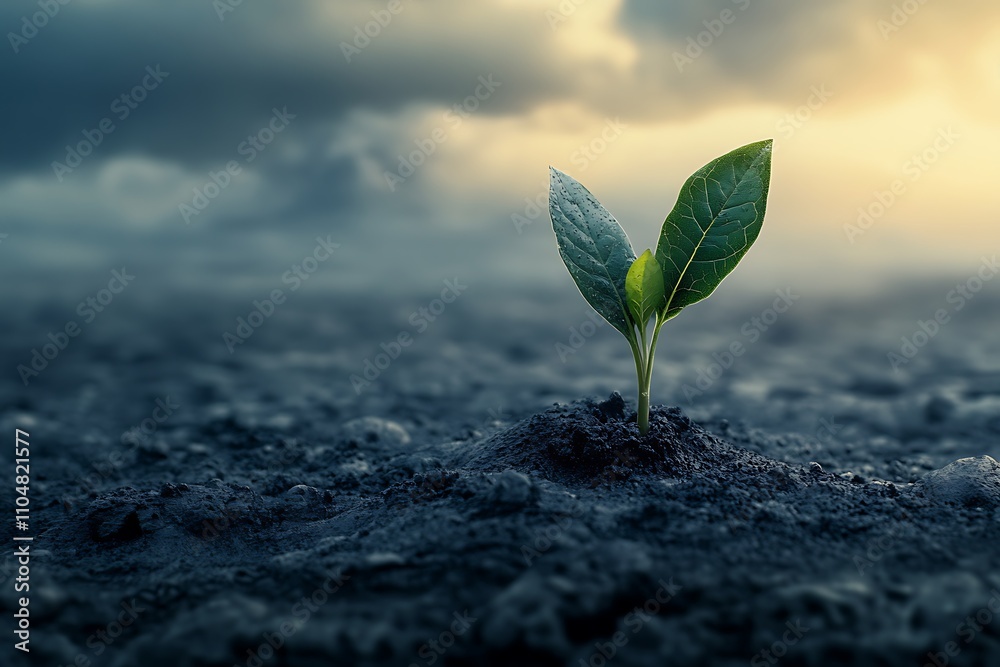 A tiny green sprout emerges from dark soil under a dramatic stormy sky, symbolizing growth, hope, and resilience in challenging circumstances. A tiny green sprout emerges from dark soil under a dramatic stormy sky, symbolizing growth, hope, and resilience in challenging circumstances.