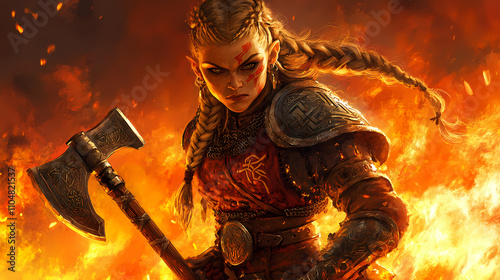 Intense warrior dwarf female with braided hair holding a battle axe, clad in detailed armor with runic inscriptions, standing against a fiery background. Runic. Illustration photo