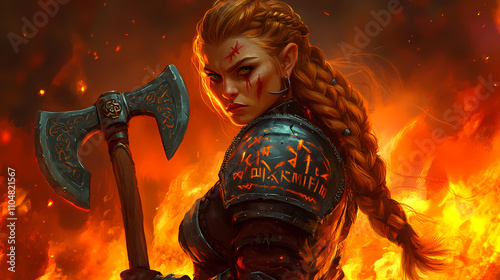 Intense warrior dwarf female with braided hair holding a battle axe, clad in detailed armor with runic inscriptions, standing against a fiery background. Runic. Illustration