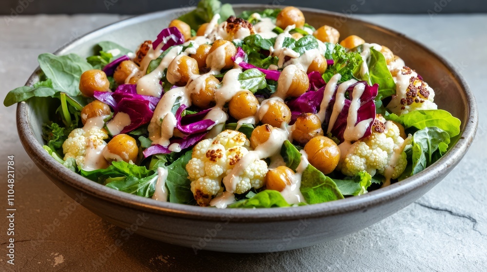 Vibrant Plant-Based Salad with Roasted Cauliflower and Chickpeas in Tahini Dressing Served in Deep Bowl