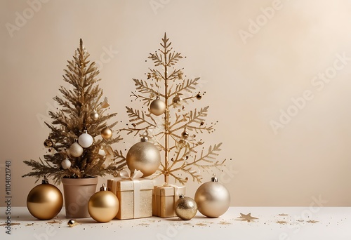 Decorated gold Christmas tree with golder patchwork ornament artificial star hearts presents for new year on white background photo