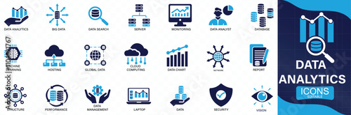 Data analytics icon set .Big data analysis technology symbol. Containing database, statistics, You can easily change the color.