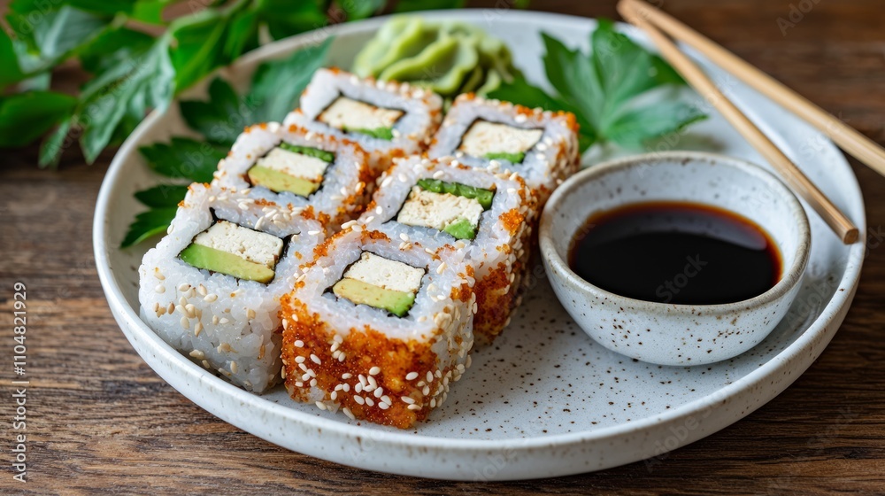 Exquisite Vegan Sushi Rolls with Spicy Tofu and Avocado, Served with Soy Sauce and Sesame Seeds - Plant-Based Food Photography at its Finest Exquisite Vegan Sushi Rolls with Spicy Tofu and Avocado, Served with Soy Sauce and Sesame Seeds - Plant-Based Food Photography at its Finest