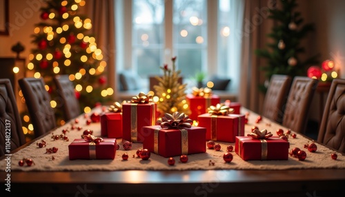 A festive Christmas dinner setting with gifts on the table