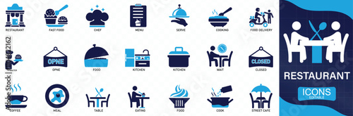 Restaurant icon set Collection of food delivery icon concept, containing server, meal, cooking, menu, restaurant, food delivery, fast food You can easily change the color.