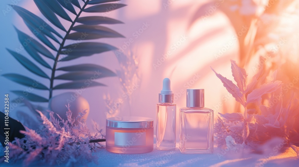 Elegant Display of Skincare Products with Natural Elements