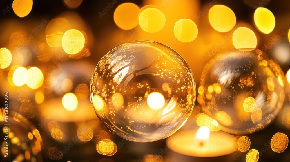 A close-up of shimmering bubbles with warm golden lights and candles in the background. A close-up of shimmering bubbles with warm golden lights and candles in the background.