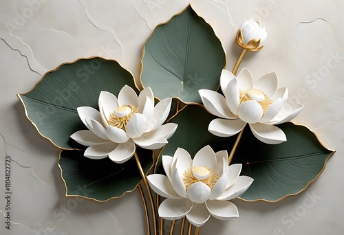 3d wall tiles design. white lotus with green leaf, grey marble background