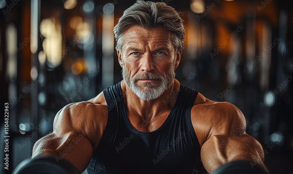 Older Muscular Man Weight Training in Gym with Gray Beard and Tank Top