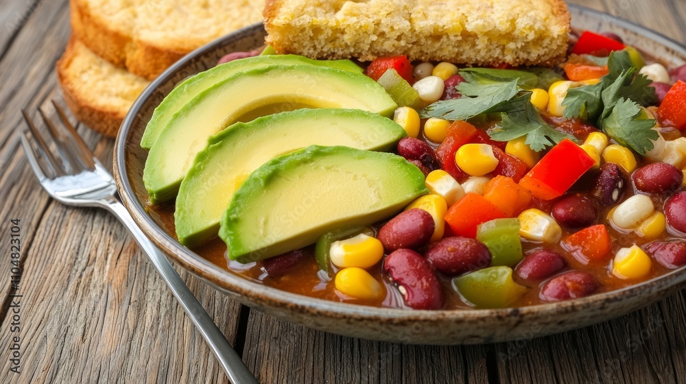 Satisfying Vegan Chili with Avocado Slices and Cornbread on Rustic Table Satisfying Vegan Chili with Avocado Slices and Cornbread on Rustic Table