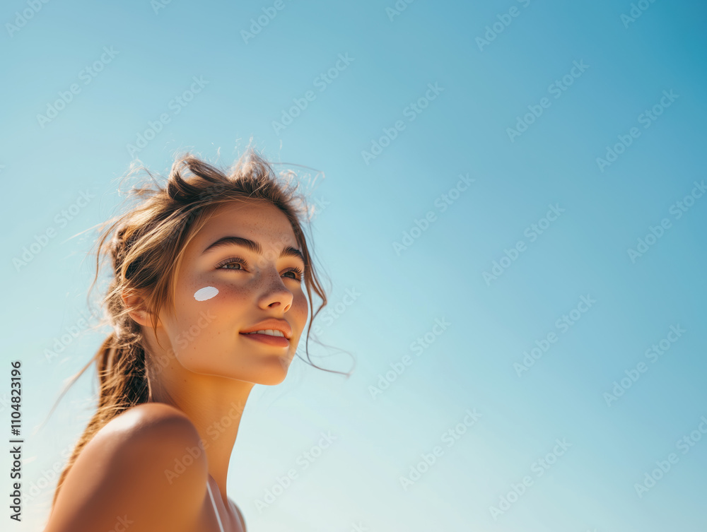Caucasian Woman Showing Natural Beauty with Moisturizer on Cheek, Slight Smile, and Fair Skin, Captured in Bright Daylight with a Sky Background Caucasian Woman Showing Natural Beauty with Moisturizer on Cheek, Slight Smile, and Fair Skin, Captured in Bright Daylight with a Sky Background