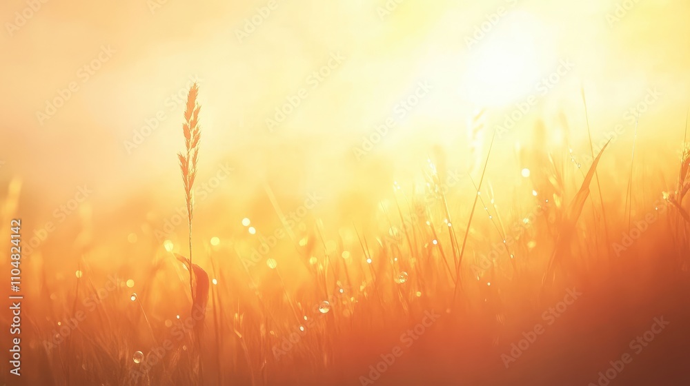 Fototapeta premium Golden Sunrise Over Dewy Grass Fields with Soft Light Flare