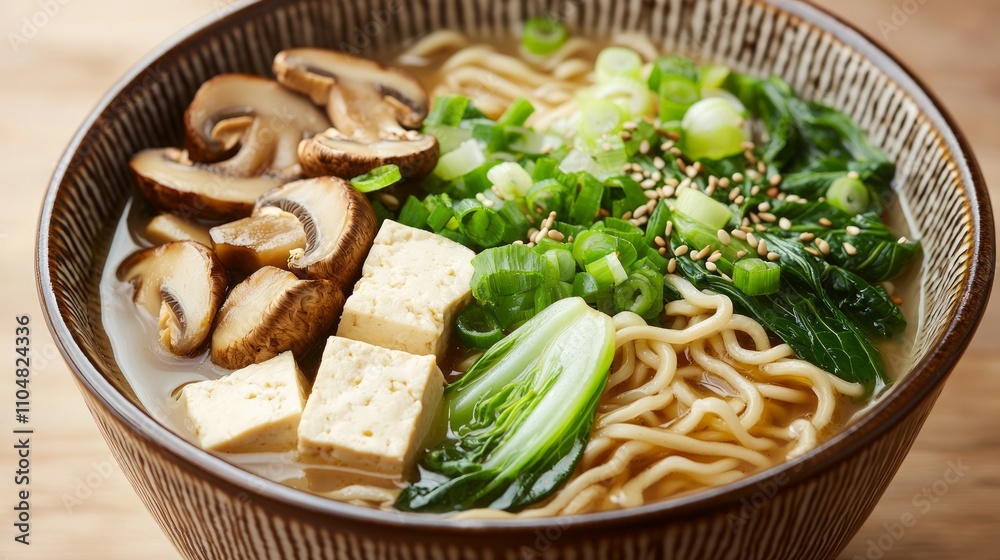 Vibrant Vegan Ramen Bowl with Mushrooms, Bok Choy, Tofu, and Garnishes in Traditional Dishware