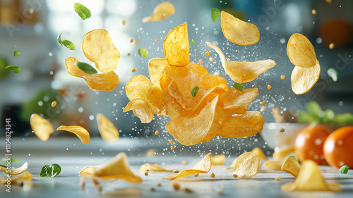 Crispy potato chips flying in air, creating dynamic and fun scene