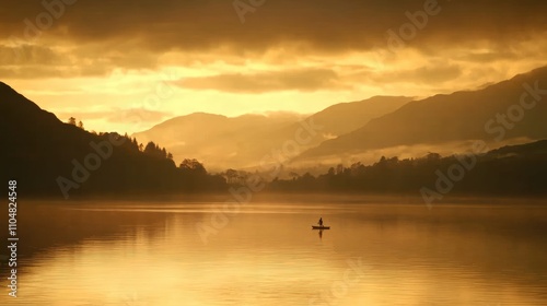 Serene Sunset Over Calm Lake with Silhouette of a Fisherman