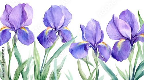 iris themed frame or border for photos and text. with intricate purple and blue blooms. watercolor illustration, white color background. cover poster copy space cute soft watercolor painting on white