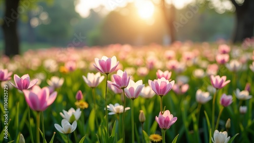 A field of pink flowers at sunrise photo