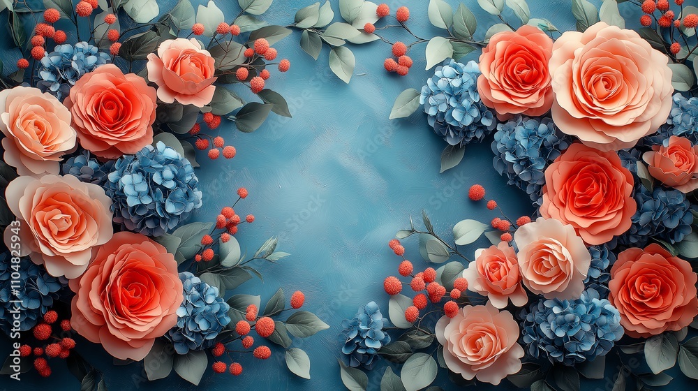 Beautiful floral arrangement with orange roses and blue hydrangeas on a blue background.