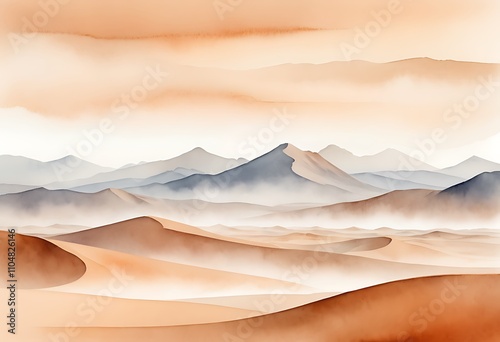 Desert landscape with mountains and rising sun watercolor illustration isolated on white. Sand dunes on dawn horizontal panorama in simple style. Monochrome nature drawing for travel tourist designs