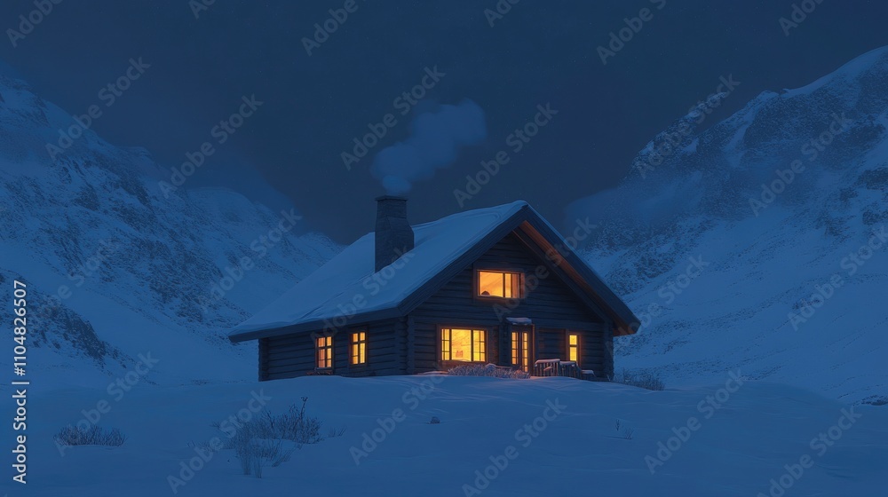 Cozy Log Cabin with Warm Light in Winter Snowy Landscape at Night Cozy Log Cabin with Warm Light in Winter Snowy Landscape at Night