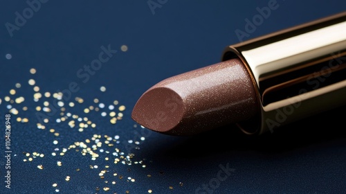 Elegant Brown Lipstick with Glitter on Rich Blue Background photo