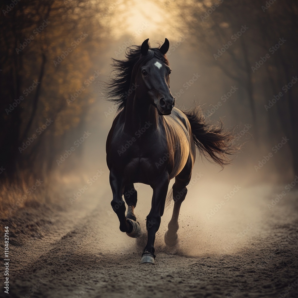 A black horse runs down a dusty path in a golden light, with trees framing the scene in the background. A black horse runs down a dusty path in a golden light, with trees framing the scene in the background.
