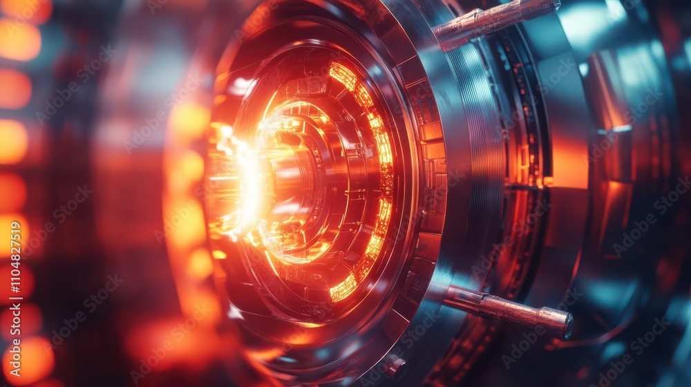 Majestic solar turbine, worms-eye perspective, dynamic power in motion, photorealistic detail, reflecting intense solar flare energy, high contrast between metal and glowing light