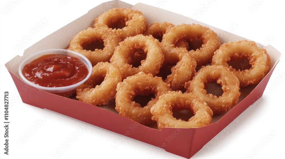 Crispy Golden Onion Rings Served with Tomato Sauce on Plate Crispy Golden Onion Rings Served with Tomato Sauce on Plate