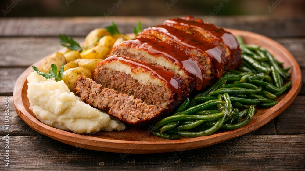 Plant-Based Meatloaf Delight with Tomato Glaze and Savory Sides on Rustic Table Setting Plant-Based Meatloaf Delight with Tomato Glaze and Savory Sides on Rustic Table Setting
