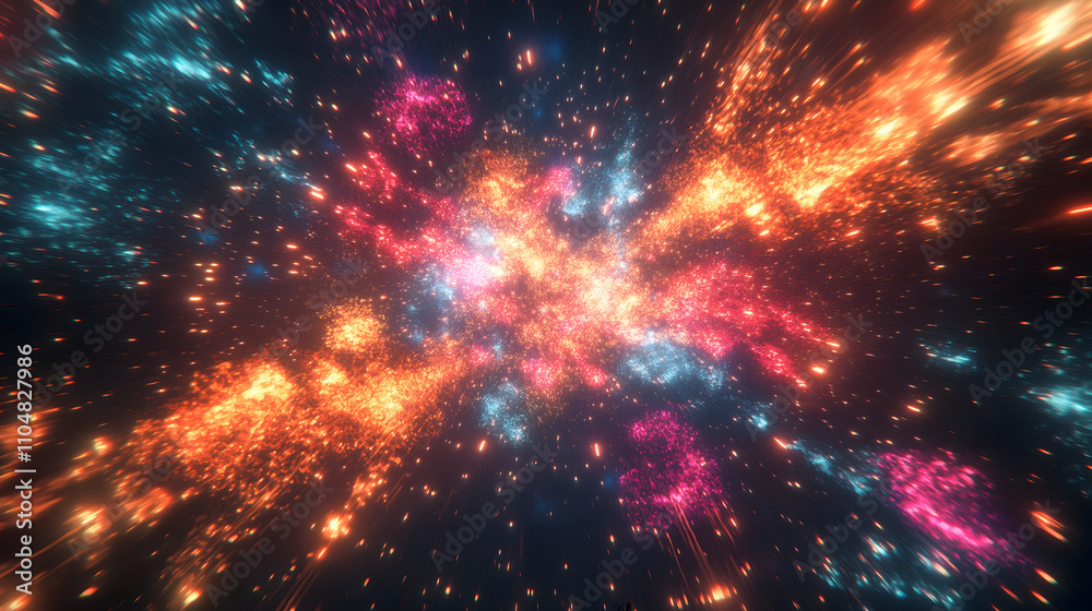 Colorful explosion of stars in a cosmic space environment, vivid light dispersion. Colorful explosion of stars in a cosmic space environment, vivid light dispersion.
