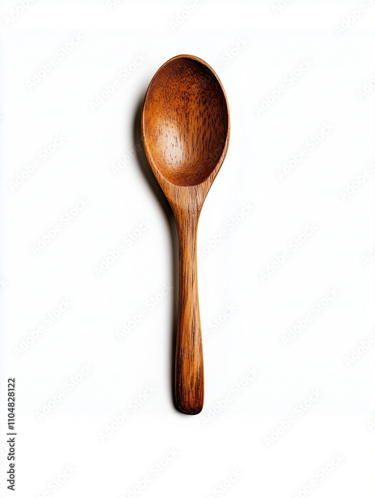 Close-up of one spoon with brown wooden texture. Isolated on white. Top view.