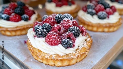 Delicious Raspberry and Blackberry Cream Tarts Pastry Dessert photo