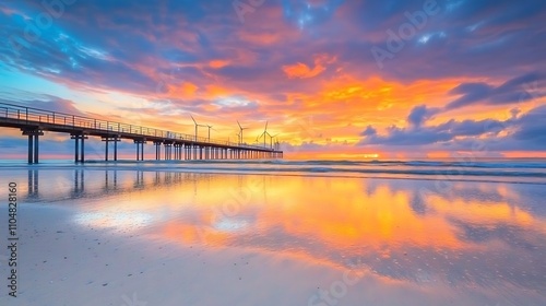 Wallpaper Mural Serene Sunset Over Coastal Pier With Wind Turbines Torontodigital.ca