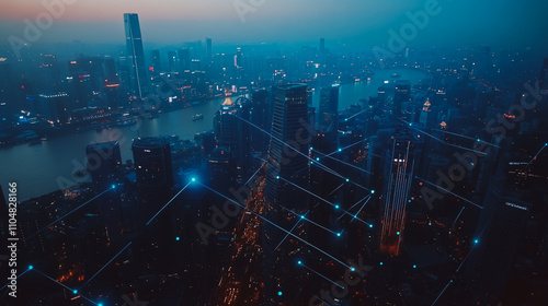 Wallpaper Mural Smart digital city with connection cyber security network reciprocity over the twilight cityscape.future wireless digital city and social media networking systems that connects people within the city Torontodigital.ca