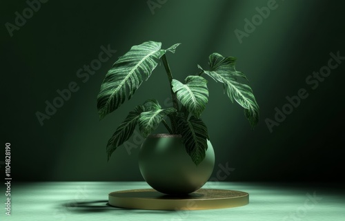 Potted Plant with Variegated Leaves on Gold Stand Minimalist Green Background Natural Display photo