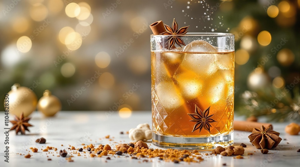 Festive cinnamon cocktail with star anise and ice on holiday background Festive cinnamon cocktail with star anise and ice on holiday background