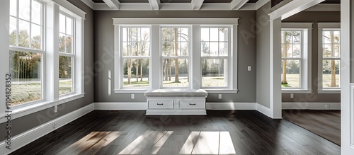 Sunroom with white windows, gray walls, dark wood floors, window seat, beamed ceiling, home decor style.
